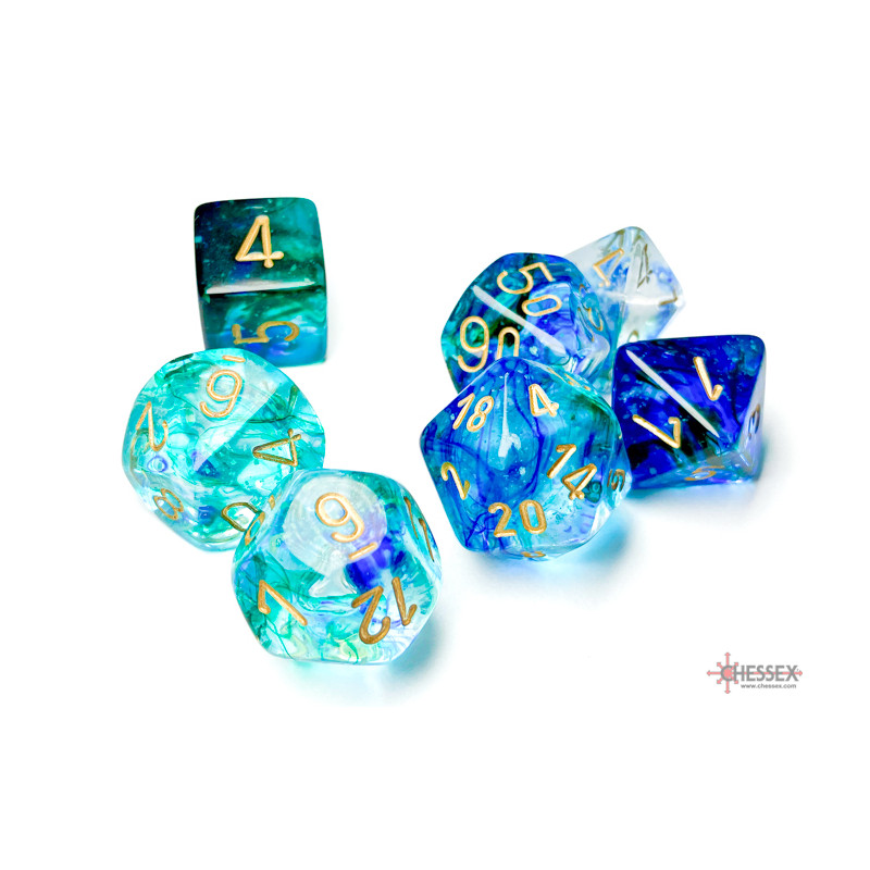 SET DE 7 DADOS NEBULA OCEANIC C/ BLANCO BRILLANTE